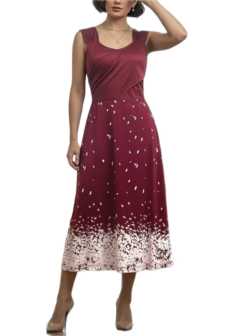 Women's Elegant Floral Print Sleeveless Waist-cinching Dress Burgundy Color